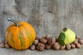 Autumn still life of pumpkin, walnuts and quince on a background of burlap. Autumn harvest. Pumpkins on burlap Royalty Free Stock Photo