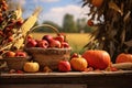 Autumn still life with pumpkins, apples and corn in basket, Basket Of Pumpkins, Apples And Corn On Harvest Table With Field Trees Royalty Free Stock Photo