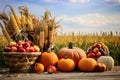 Autumn still life with pumpkins, apples and corn on the field, Basket Of Pumpkins, Apples And Corn On Harvest Table With Field Royalty Free Stock Photo