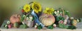 Autumn still life with pumpkins,apples,corn .Autumn panorama from vegetables,fruits and flowers Royalty Free Stock Photo