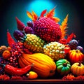 Autumn still life - pumpkins, berries and leaves on a dark background Generative AI Royalty Free Stock Photo