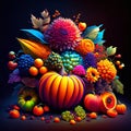 Autumn still life - pumpkins, berries, leaves and flowers Generative AI Royalty Free Stock Photo