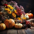 Autumn still life with pumpkins, corn and flowers on wooden background Royalty Free Stock Photo