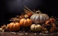 Autumn still life with pumpkins, dry flowers and wheat on blurred dark blue background. Wooden table. Halloween concept. Royalty Free Stock Photo