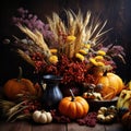 Autumn still life with pumpkins, flowers, fruits in a rustic style, Happy Thanksgiving, Harvest