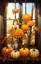 Autumn still life with pumpkins, flowers and lanterns