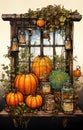 Autumn still life with pumpkins, flowers and lanterns