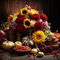 Autumn still life with pumpkins, grapes, flowers Royalty Free Stock Photo