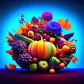 Autumn still life with pumpkins, grapes, flowers and leaves Generative AI Royalty Free Stock Photo