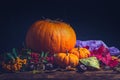 Autumn still life with pumpkins, dry leaves and berries. Royalty Free Stock Photo