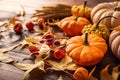 Autumn still life with pumpkins and leaves on wooden background. Thanksgiving home decoration Royalty Free Stock Photo