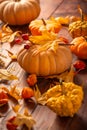 Autumn still life with pumpkins and leaves on wooden background. Thanksgiving home decoration Royalty Free Stock Photo