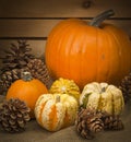 Autumn still life with pumpkins and pine cones Royalty Free Stock Photo