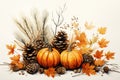 Autumn Still Life With Pumpkins, Pine Cones And Dry Leaves AI Generated Generative AI