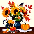 Autumn still life with pumpkins, sunflowers and leaves AI generated Royalty Free Stock Photo
