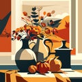 Autumn still life with pumpkins and vase with autumn leaves. Generative AI