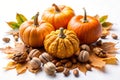 Autumn Still-Life with Pumpkins and Walnuts Over White Background Royalty Free Stock Photo