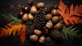 Autumn still life with spruce and pine cones, chestnut and acorns generative ai