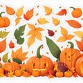 Autumn Still Life in this stunning Halloween illustration present a group of pumpkins and autumn fall maple leaves Royalty Free Stock Photo