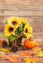 Autumn Still Life with Sunflowers , Leaves, Acorns and Pumpkin Royalty Free Stock Photo