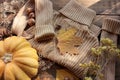Autumn still life with sweater, pumpkin, nuts, dry flowers and fall leaves. Cozy autumn concept.