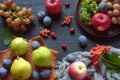 Autumn still life for thanksgiving with autumn fruits and berries on wooden background - grapes, apples, plums, viburnum, dogwood. Royalty Free Stock Photo