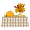 Autumn still life. There is a vase with autumn leaves, vegetables and fruits on a table Royalty Free Stock Photo