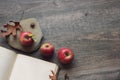 Autumn still life with three apples, open book and leaves over rustic wooden background Royalty Free Stock Photo