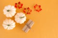 Autumn still life with three white pumpkins and bright maple leaves on a pastel orange background. Copy space for text.Template Royalty Free Stock Photo