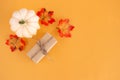 Autumn still life with three white pumpkins and bright maple leaves on a pastel orange background. Copy space for text.Template Royalty Free Stock Photo