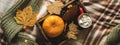 Autumn still life from tray full of pumpkin, leaves, cones, scarf, mug of cocoa, coffee or hot chocolate with