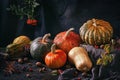 Autumn still life with variety of pumpkins - cucurbita fruits of different colors and sizes with nuts and berries. Royalty Free Stock Photo