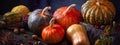 Autumn still life with variety of pumpkins - cucurbita fruits of different colors and sizes with nuts and berries, banner Royalty Free Stock Photo