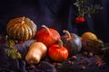 Autumn still life with variety of pumpkins - cucurbita fruits of different colors and sizes with nuts and berries Royalty Free Stock Photo