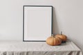 Autumn still life. Vertical black picture frame mockup. Pale orange pumpkins on linen table cloth. White wall background