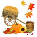 Autumn still life with wooden cart, vegetables, fruits and berries. Royalty Free Stock Photo