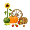 Autumn still life with wooden wheel, vegetables and fruits Royalty Free Stock Photo