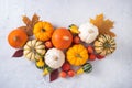 Autumn stillife. The composition of sevral colorful decorative pumpkins on white table Royalty Free Stock Photo