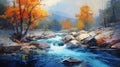 Autumn Stream And Mountain Oil Painting On Large Canvas