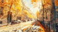Autumn in street. sunlight, digital watercolor painting with yellow leaves and juicy colors Royalty Free Stock Photo