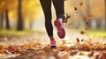 Autumn Strides - Close up of feet of woman runner running in autumn leaves. Generative AI