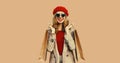 Autumn style outfit, portrait of beautiful happy smiling young woman with shopping bags wearing red french beret hat, gray coat Royalty Free Stock Photo