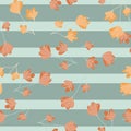 Autumn style seamless pattern with orange random abstract flowers ornament. Blue striped background