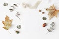 Autumn styled stock photo. Feminine wedding desktop stationery mockup scene with blank greeting card, dry eucalyptus