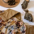 Autumn stylish woman outfit. Flatlay of woman dress and accessor