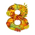 Autumn stylized alphabet with foliage. Digit8