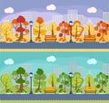 Autumn and summer park panorama vector background, banner. City, public garden, square, acreage, plaza