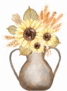 Autumn Sunflowers bouquet in the vase Clipart, Watercolor Meadow flowers print, Rustic wildflowers Bouquet illustration, Fall