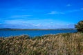 Autumn shore of a large reservoir