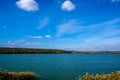 Autumn shore of a large reservoir